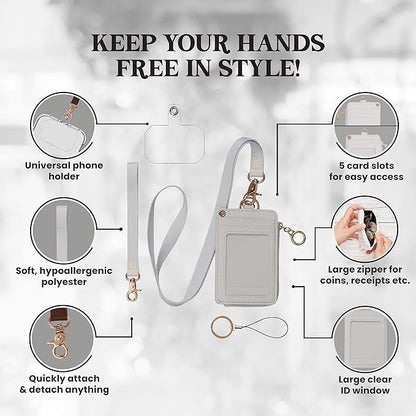 MONDO DESIGNS 2-in-1 ID Badge Holder & Lanyard Wallet - Multi-Use Womens Small Wallet with Removable Wristlet & Neck Lanyard, Clear Window, 5 Card Slots, Phone Holder, Ring Keychain - Off White