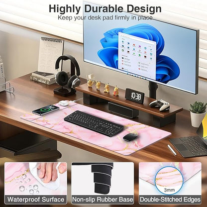 Pink Marble Mouse Pad with 15W Wireless Charging, 31.5"x15.8" Large Gaming Desk Pad/Mat for Women Girls, Waterproof Ultra-Smooth Surface, Non-Slip Base