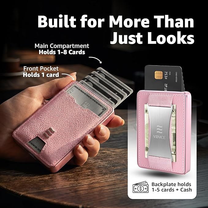 VENICE RFID Blocking Wallet, Minimalist Card Holder with Quick Access, Vegan Leather & Brushed Aluminum, Gift-Ready Packaging (Pink)