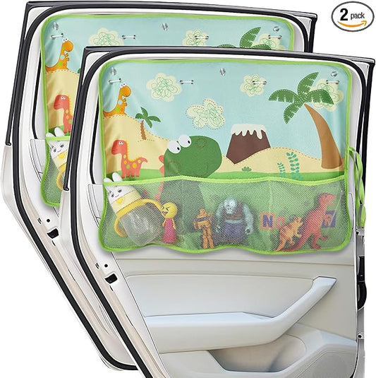 DIZA100 Car Window Shade for Baby, 2 Pack Car Sun Shades with Storage Pockets Car Window Curtain 7 Suction Cups Dinosaurs Pattern for Sun/Heat/UV Rays Protection