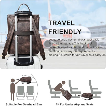 Leather Laptop Backpack for Women, Travel Backpack Purse Fits 15.6 Inch Laptop, Casual Daypack with Laptop Compartment for College Work Business Nurse Weekender, Coffee