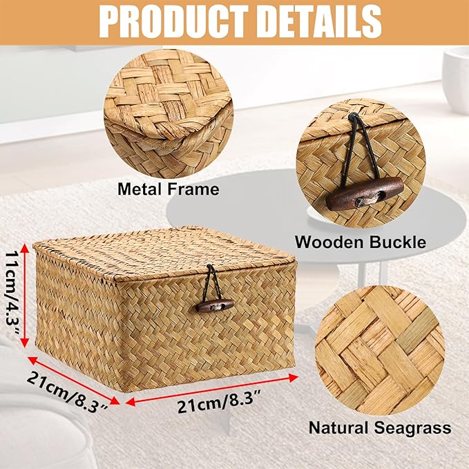 Hipiwe Wicker Shelf Basket Bin with Lid Square Handwoven Seagrass Box Decorative Household Storage Container Multipurpose Organize for Bookshelf Living Room Bathroom, Small Caramel