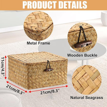 Hipiwe Wicker Shelf Basket Bin with Lid Square Handwoven Seagrass Box Decorative Household Storage Container Multipurpose Organize for Bookshelf Living Room Bathroom, Small Caramel