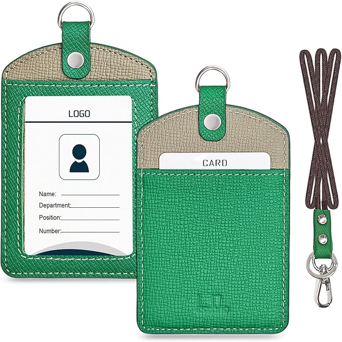 Badge Holder: Boshiho Cowhide Leather ID Badge Card Holder with 19" Neck Lanyard, Vertical Style (Green-Gray)