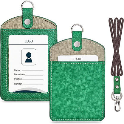 Badge Holder: Boshiho Cowhide Leather ID Badge Card Holder with 19" Neck Lanyard, Vertical Style (Green-Gray)