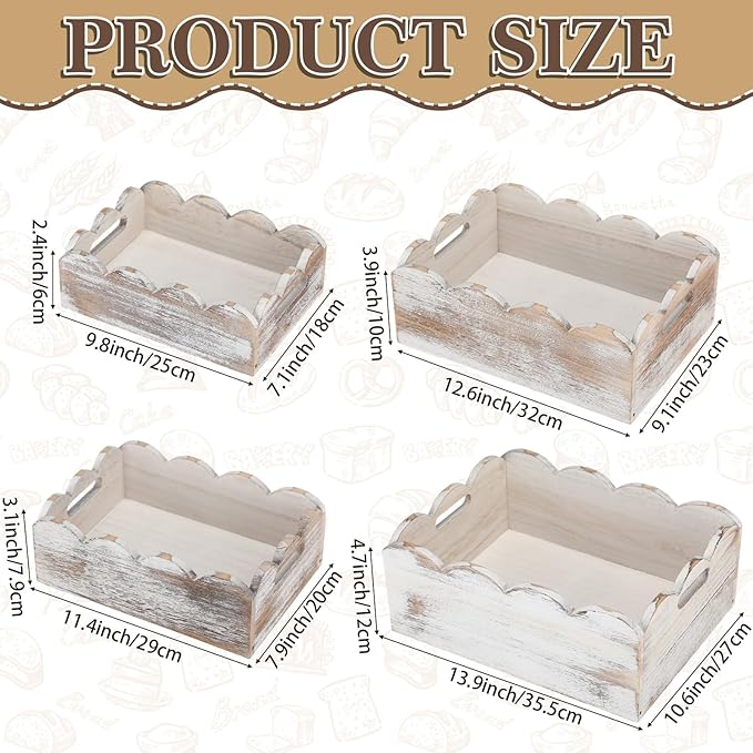Beeveer 4 Pcs Scalloped Baskets with Handle 4 Size Wooden Countertop Storage Box Multipurpose Fruit Vegetable Crate Rectangular Decorative Serving Tray Organizer for Kitchen Bathroom Home Decor(White)