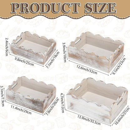 Beeveer 4 Pcs Scalloped Baskets with Handle 4 Size Wooden Countertop Storage Box Multipurpose Fruit Vegetable Crate Rectangular Decorative Serving Tray Organizer for Kitchen Bathroom Home Decor(White)