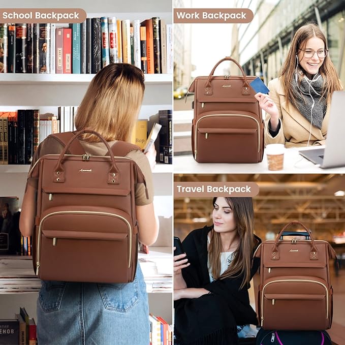 LOVEVOOK Leather Laptop Backpack for Women 18 inch,Travel Backpack Purse Nurse Teacher Backpack Computer Laptop Bag,Professional College Business Work Bags Carry On Backpack with USB Port,Brown