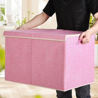 122L Large Toy Box Chest with Lid, Foldable Toy Storage Organizer Bin Boxes with Removable Divider for Kids, Boys, Girls, Nursery, Playroom, 26"x17" x17"(Linen Pink)