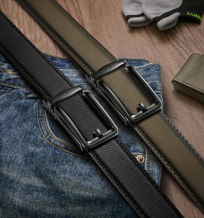 BULLIANT Men Ratchet Belt 2 Pack, Click Sliding Leather Belt Adjustable for Gift Men Dress Casual Jeans 1 3/8,Cut for Fit
