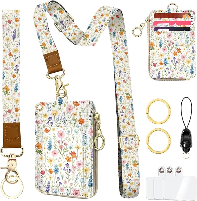 Cute Floral ID Badge Holder with Lanyard Wallet, Women Lanyards for ID Badges, RFID Zipper ID Case Card Holder, Adjustable Neck Lanyard Wrist Strap with Keychain for Teacher Doctor Nurse Gift