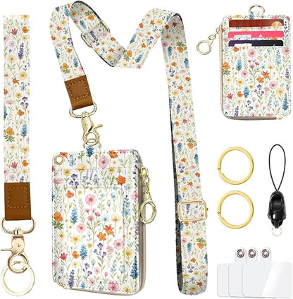 Cute Floral ID Badge Holder with Lanyard Wallet, Women Lanyards for ID Badges, RFID Zipper ID Case Card Holder, Adjustable Neck Lanyard Wrist Strap with Keychain for Teacher Doctor Nurse Gift