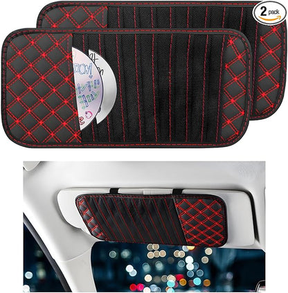 2 PCS Car CD Visor Storage Cases, Large Capacity Auto Sun Visor DVD Holder with 10 Storage Sleeves, Leather Sunshade CD Pocket Interior Decoration for Cars Trucks SUVs (Red)