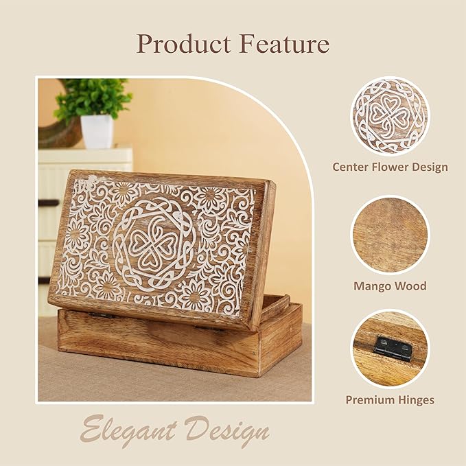 Ajuny Mango Wood Jewelry Box – Hand-Carved Celtic Knot Keepsake/Memory Box, Decorative Trinket & Treasure Chest Organizer, Handmade Gift for Women & Men, Travel Friendly, 8x5 Inch