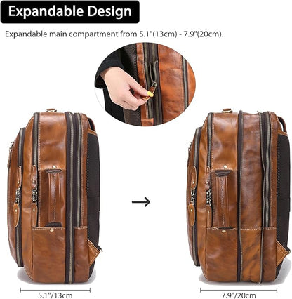 LANNSYNE Vintage Genuine Leather Backpack For Men, 2 in 1 Expandable Briefcase Fits 17'' Laptop Crossbody shoulder Bag Business/Travel Rucksack