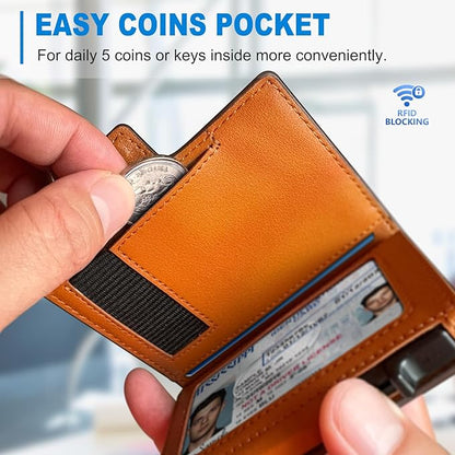 miyozi Wallet for Men, Magnetic Minimalist Slim Wallet with Pop Up Card Holder, 9 Cards RFID Blocking Metal Credit Card Case, Leather Wrapped Money Clip, ID Window & Small Item Slot, Gift Boxed