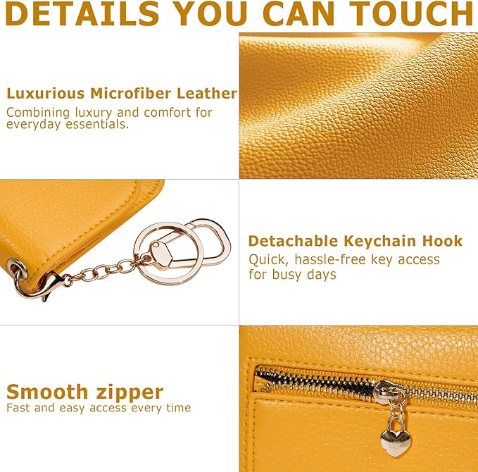 Women Small Wallet RFID Blocking Slim Wallet with Coin Pocket Tri-Fold Credit Card Holder with ID Window and Keychain(Light Yellow)