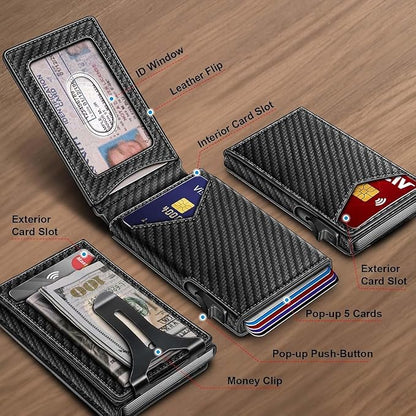 Genuine Leather Wallet for Men Slim Magnetic Flip Bifold with Money Clip and Metal Card Case Holds 9 Cards Ideal for Gifts and Daily Use (Black-02)