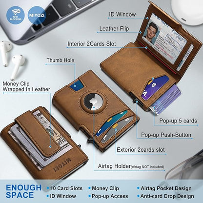 miyozi Airtag Wallet for Men,with Money Clip 10 Cards Metal Case Smart Slim Pop Up Credit Card Holder Flip with Magnetic Closure RFID Blocking wallet with Gift Box