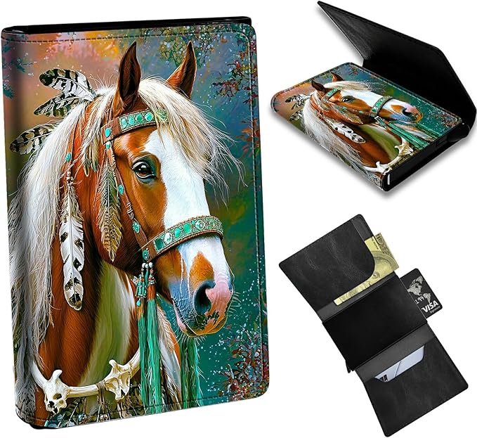 Minimalist Wallet for Men's Card Holders, Pop-Up Card Case Durable Wallets for Women, Leather Automatic Credit Card Holder with Metal Money Clip RFID Blocking Bifold Pocket, Feathered Horse