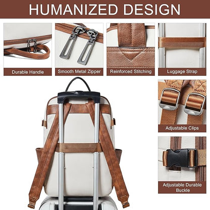 Travel Backpack for Women and Men, Fits 17.0" Laptop, Stylish Lay-Flat Carry-on Vegan Leather Backpack with Luggage Strap for Travel and Daily Use