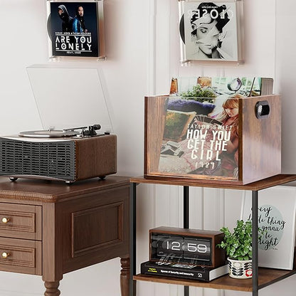 Vinyl Record Storage Crate, Holds up To 60 LPs, Album Visible Storage Box with Acrylic Front, Handle, Wooden Multi-Purpose Organizer for Records, Magazines and Books, for Desktop and Home Office