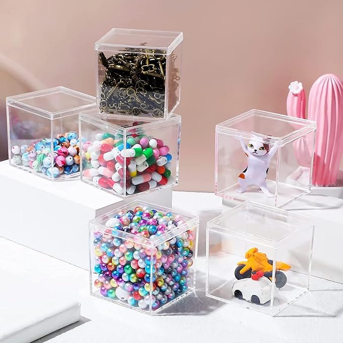Clear Acrylic Box with Lid, 4 Pack 2.6x2.6x2.6 Inches Clear Decorative Boxes Acrylic Square Cube Storage Container Drawer Organizer for Vanity Jewelry Accessories