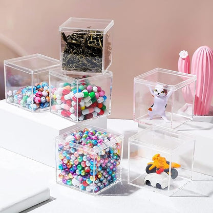 Clear Acrylic Box with Lid, 4 Pack 2.6x2.6x2.6 Inches Clear Decorative Boxes Acrylic Square Cube Storage Container Drawer Organizer for Vanity Jewelry Accessories