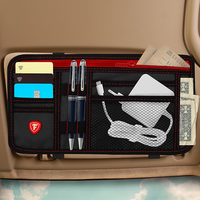 Firestone 2 Pack Sun Visor Organizer Car Accessories for Men & Women, Multi Pocket Visor Storage with Pockets & Card Slots, Eyeglass Holder, Document Holder & Pen Slots - Fits Most Vehicles, Black Red