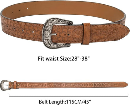 Mealah Vintage Western-Cowboy-Belt for Women Men - Carved Buckle PU Leather Waist Belts (for Waist 28"-38")