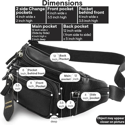 Fanny Pack Waist Bag Multifunction Genuine Leather Hip Bum Bag Travel Pouch for Men and Women- Multiple Pockets & Sturdy Zippers Ideal for Hiking Running And Cycling