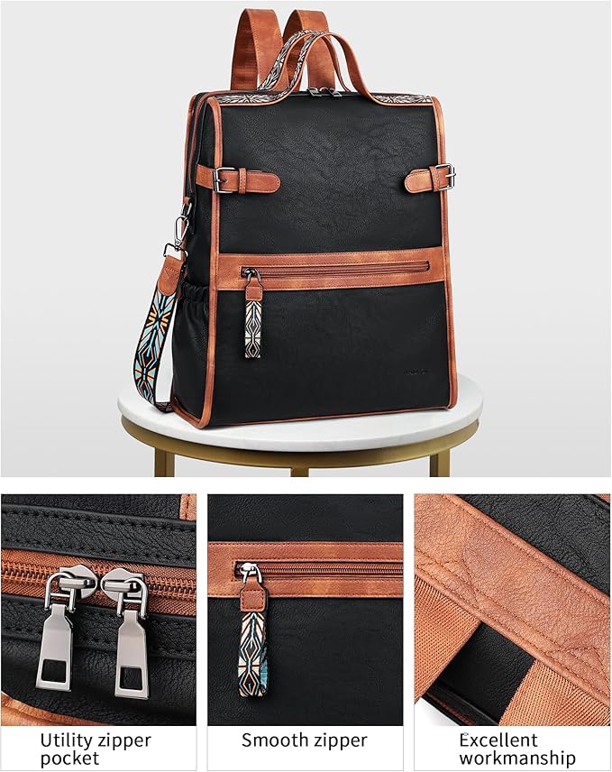 FADEON Leather Laptop Backpack for Women, Designer Ladies Work Travel Computer Backpack with Laptop Compartment Black Brown