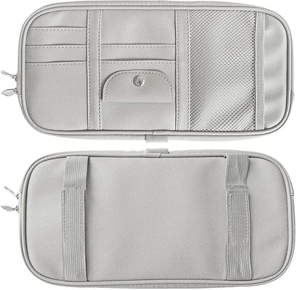 Car Sun Visor Organier Truck SUV Sun Visor Storage Pocket Pouch Holder, Multi-Pocket PU Leather with Zipper Net, for Cards Pens Sunglasses Document (Gray)