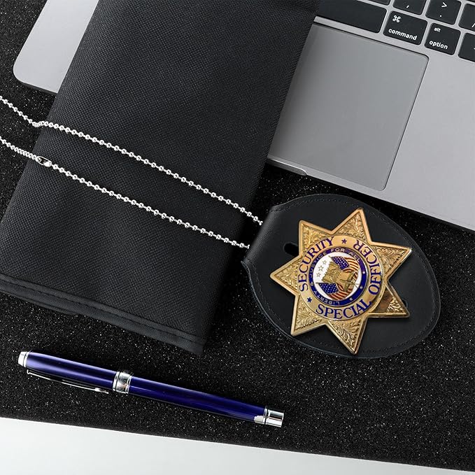Badge Holder, Security Badge Holder Security Guard Cowhide Universal Holders Belt Clip,Metal Clip and Chain Included for Officer Gifts (Black)