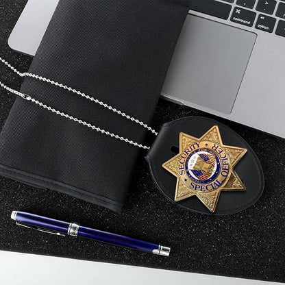 Badge Holder, Security Badge Holder Security Guard Cowhide Universal Holders Belt Clip,Metal Clip and Chain Included for Officer Gifts (Black)