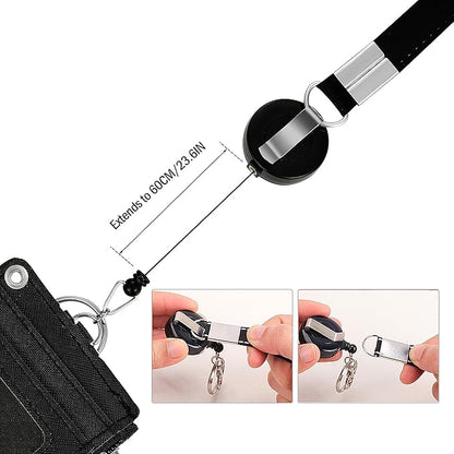 【2025 Latest】Cute ID Badge Holder Retractable Lanyard Reel Clip with Heavy Duty Carabiner,5Card Slots in 2 Sided with Key Ring and Zipper for Women Students Teens Girls Office Staff (Black White Bear)