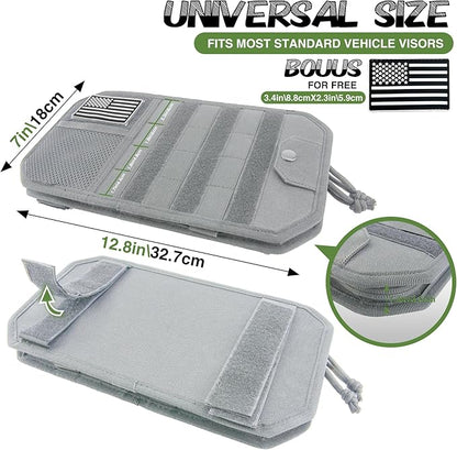 Car Sun Visor Organizer, Semi-Rigid Molle Panel Tactical Car Accessories with Zipper Storage Pouch, Sunglass Holder for Car Visor Organizer, Universal Fit for Trucks, SUVs, Jeeps & Police Gear, Grey