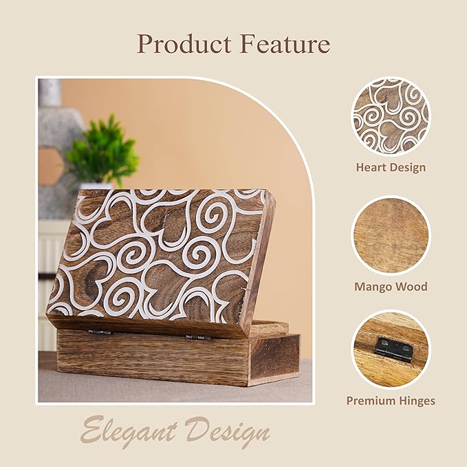 Ajuny Wooden Handmade Decorative Jewelry Storage Box White and Brown Heart Design Multipurpose Treasure Chest Keepsake Organizer Necklaces Watch Boxes Great for Gifts 8x5 Inch
