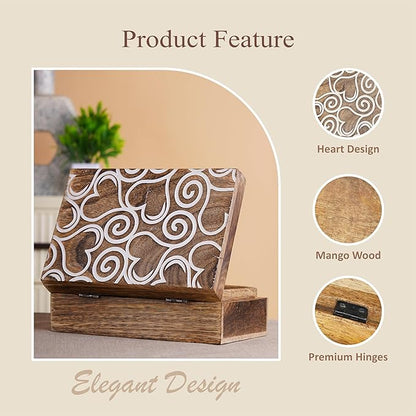 Ajuny Wooden Handmade Decorative Jewelry Storage Box White and Brown Heart Design Multipurpose Treasure Chest Keepsake Organizer Necklaces Watch Boxes Great for Gifts 8x5 Inch