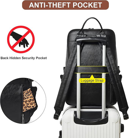 Shrrie Vegan Leather Laptop Backpack for Women,17 Inch Computer Backpack Purse for Work Business College Travel Teacher Nurse with Anti-theft Pocket & Giant Tumbler Holder Pocket,Black