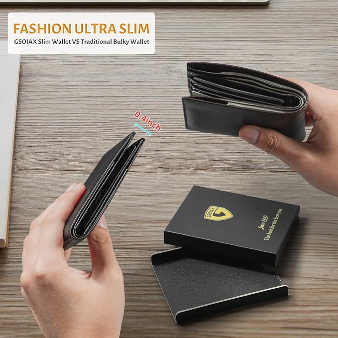 GSOIAX Slim Leather RFID Bifold Wallet for Men Minimalist Front Pocket Wallet with Money Clip,12 Card Slots,ID Window,Cool Groove Design,Includes Gift Box (Leather Black)
