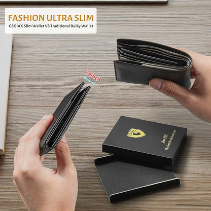 GSOIAX Slim Leather RFID Bifold Wallet for Men Minimalist Front Pocket Wallet with Money Clip,12 Card Slots,ID Window,Cool Groove Design,Includes Gift Box (Leather Black)