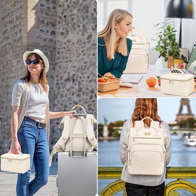 Lunch Backpack, 15.6 inch Laptop Backpack with Insulated Lunch Bag, Backpack Cooler for Women, Large Travel Backpack Lunch Box Compartment, Work Computer Backpack, Teacher College Book Bag, Beige