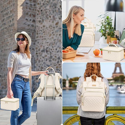 Lunch Backpack, 15.6 inch Laptop Backpack with Insulated Lunch Bag, Backpack Cooler for Women, Large Travel Backpack Lunch Box Compartment, Work Computer Backpack, Teacher College Book Bag, Beige