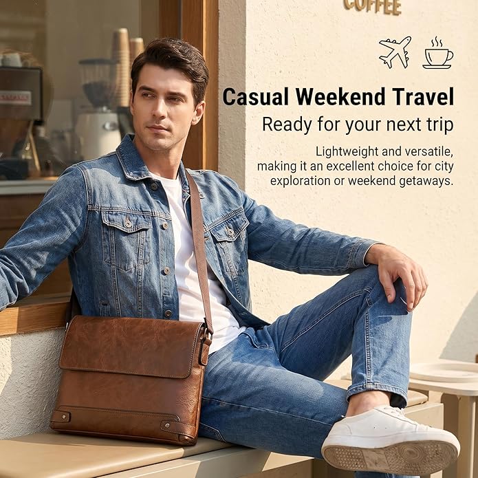 Vintage PU Leather Mens Messenger Bag - Slim Crossbody Shoulder Bag for Work, Travel & Daily Commute Casual Tablet Satchel