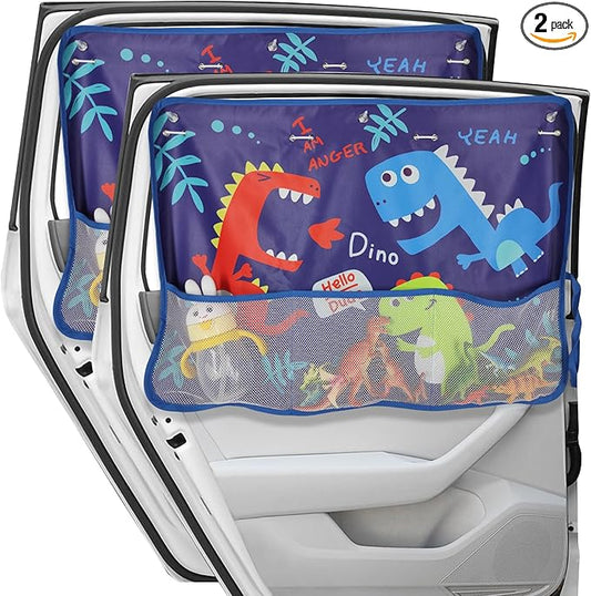 DIZA100 Car Window Shade for Baby, 2 Pack Car Sun Shades with Storage Net Pocket Auto Window Curtain 7 Suction Cups Blue Dinosaurs for Sun/Heat/UV Rays Protection Kids
