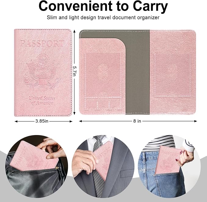 RSAquar Passport Holder for Women and Men, Premium PU Leather Travel Passport Wallet RFID Blocking Passport Cover Travel Documents Organizer (Rose Gold)
