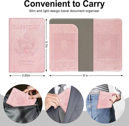 RSAquar Passport Holder for Women and Men, Premium PU Leather Travel Passport Wallet RFID Blocking Passport Cover Travel Documents Organizer (Rose Gold)