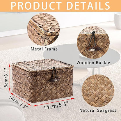 Hipiwe Seagrass Basket with Lid Wicker Storage Basket Square Handwoven Decorative Baskets Box for Shelf Multipurpose Household Baskets Home Decor,X-small