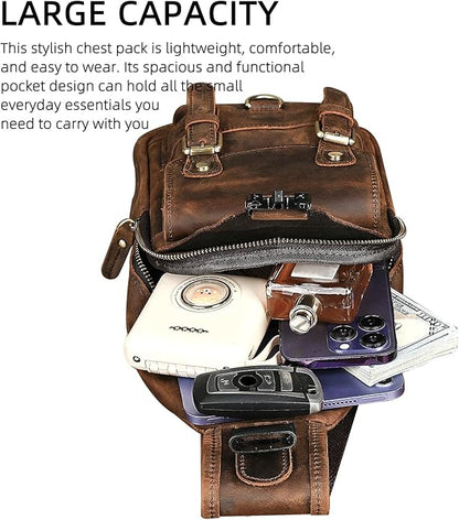 Thick Crazy horse Leather Triangle Crossbody Sling Chest Bag Travel One Shoulder Bag Daypack For Men Male 3028
